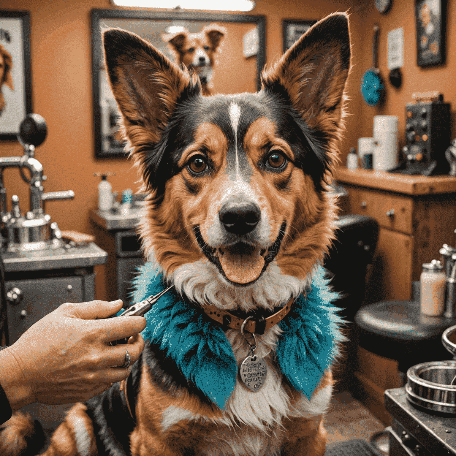 A happy dog with asymmetric ear trims, colorful fur, and punk accessories being gently groomed by a professional in a safe, comfortable environment